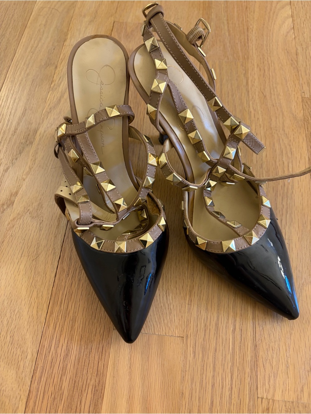 Jessica Simpson Stud-Embellished Pointed Toe Slingback Flats - Black and Tan
